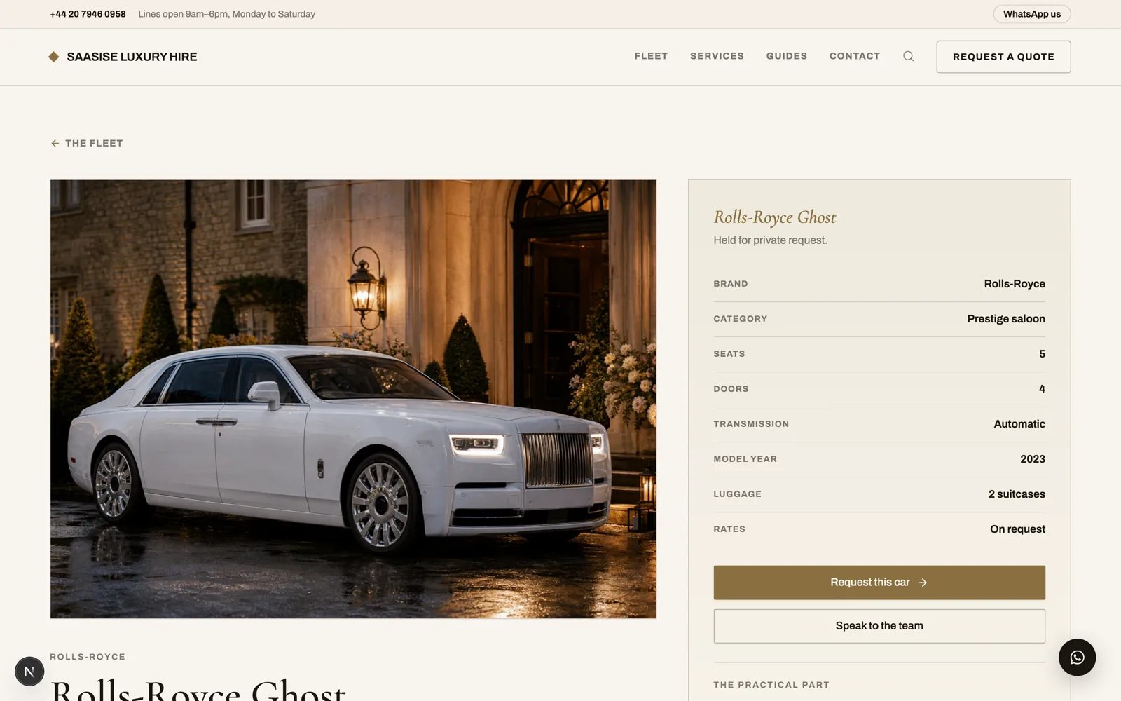 Luxury car hire demonstration vehicle detail page for a Rolls-Royce Ghost